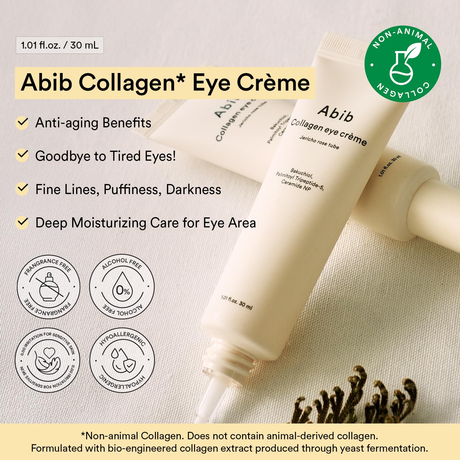 Abib Non-animal Collagen Eye Cream Jericho Rose Tube, 1.01 fl. oz.(30 mL), Anti-Aging Eye Cream with Bakuchiol, Caffeine, Niacinamide for Dark Circles, Puffiness, Wrinkles, Fine Lines, Korean Skincare