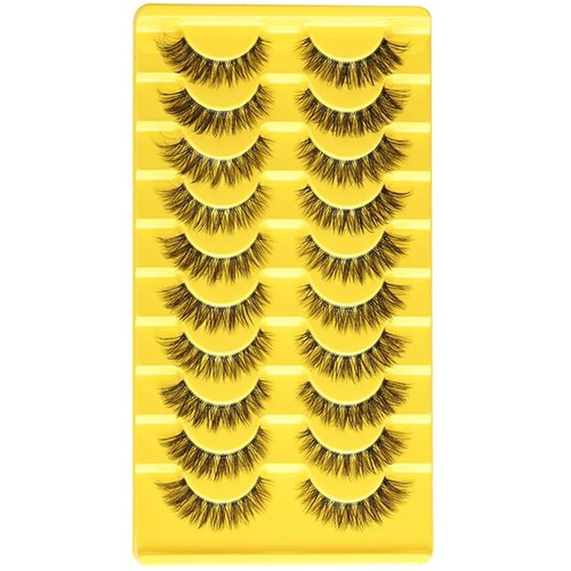 QUNETY Lashes Wispy False Eyelashes Natural Fake Lashes with Clear Band 10 Pairs Cat Eye Lashes Pack Reusable Lashes Natural Look Short Wispies Mink Eyelash Strips Cateye Lashes for Women