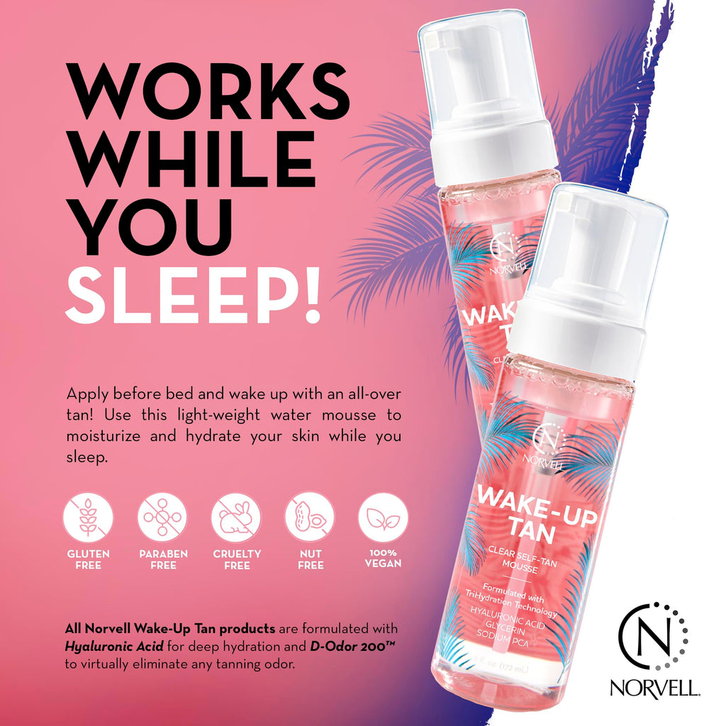 Norvell Wake-Up Tan Clear Water Mousse, 5.5 oz Overnight Self Tanner, Bronzer-Free Gradual Sunless Tanning Foam for Face & Body, No Transfer