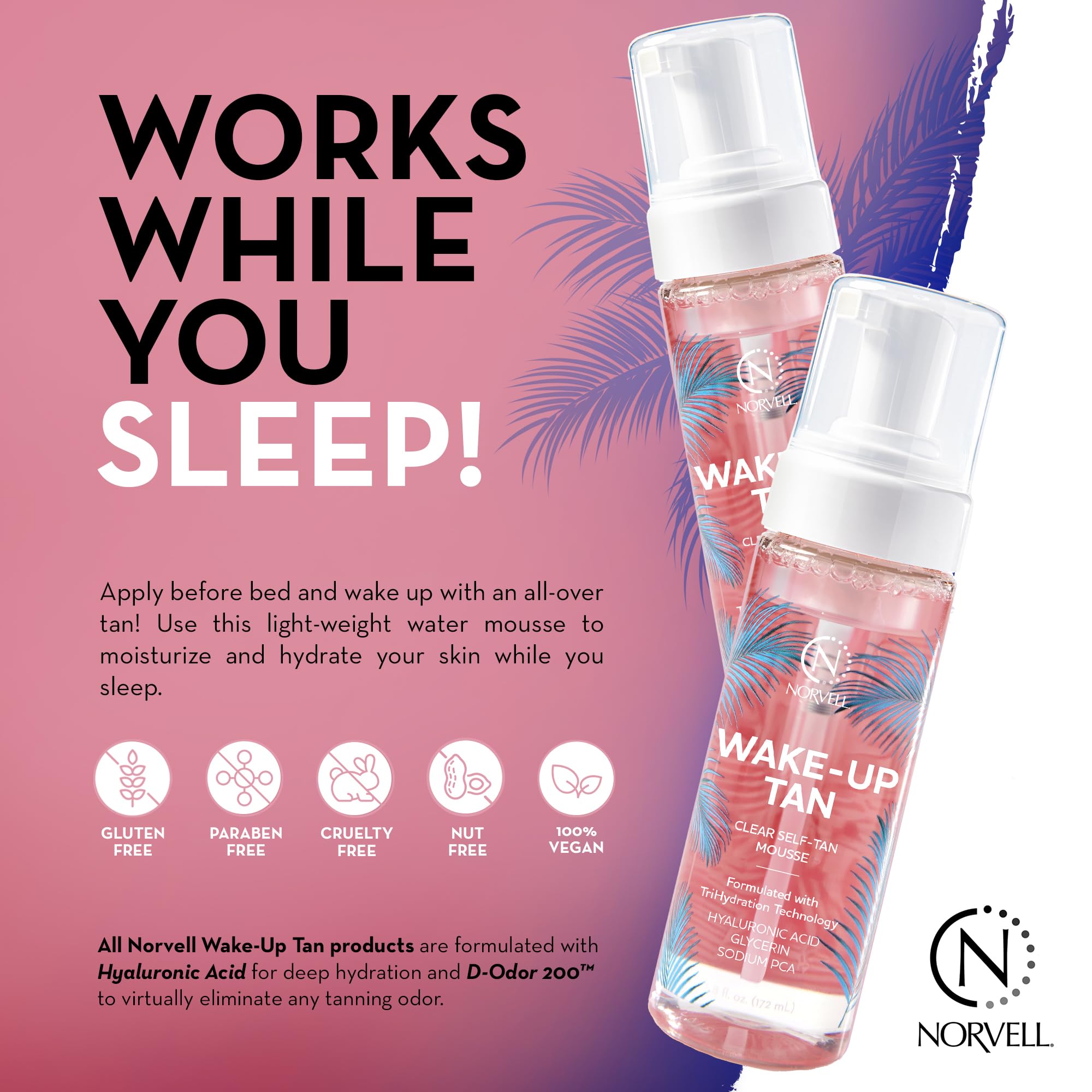 Norvell Wake-Up Tan Clear Water Mousse, 5.5 oz Overnight Self Tanner, Bronzer-Free Gradual Sunless Tanning Foam for Face & Body, No Transfer