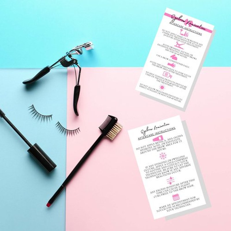Brow Lamination Aftercare Instruction Cards | 50 Pack | 2x3.5” inches Business Card Size | Starter Lift Kit with Tint at home diy aftercare supplies | White with Pink Design