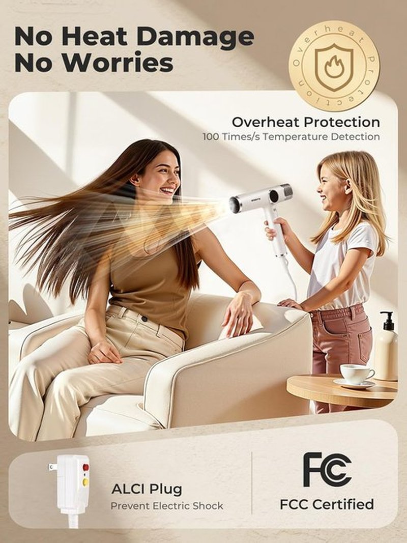 Skiennix Professional White Blow Dryer - High-Speed Ionic Hair Dryer with Digital Display & Diffuser