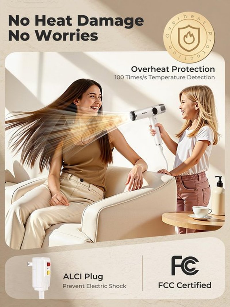 Grente Foldable Hair Dryer with Diffuser, 110,000 RPM High-Speed Negative Ionic Blow Dryer 4 Heat/3 Speed Settings, Magnetic Diffuser & Concentrator, Lightweight & Low Noise for Home and Travel