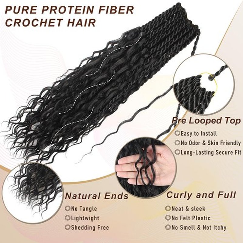 Boho Island Twist Crochet Hair Pure Protein Fiber Close to Human Hair 18 Inch Pre Looped Soft Goddess Twist with Curly Ends 8 Packs Senegalese Twist Crochet Hair for Black Women (18Inch 1B)