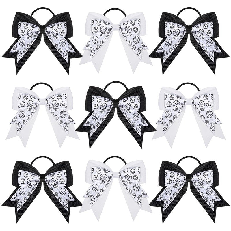 WILLBOND 10 Pcs Soccer Tennis Volleyball Hair Bows Elastic Sport Hair Tie Ponytail Holder Scrunchies Accessories Team gifts (Volleyball Style,Black,White)