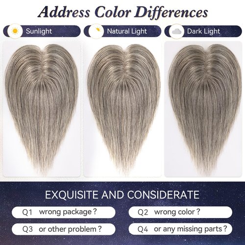 starluck 10 Inch Real Human Hair Topper for Women - 10 Inch No Bangs Topper with 3x4.5 Inch Swiss Lace Base, for Thinning Hair & Gray Root Coverage (Salt Papper)