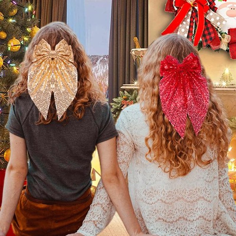 Sparkly Sequin Hair Bows for Women Girls Gold Glitter Hair Bows with Long Tail Large Hair Barrettes Hair Clips Bling Hair Accessories for Christmas Holiday Birthday Party