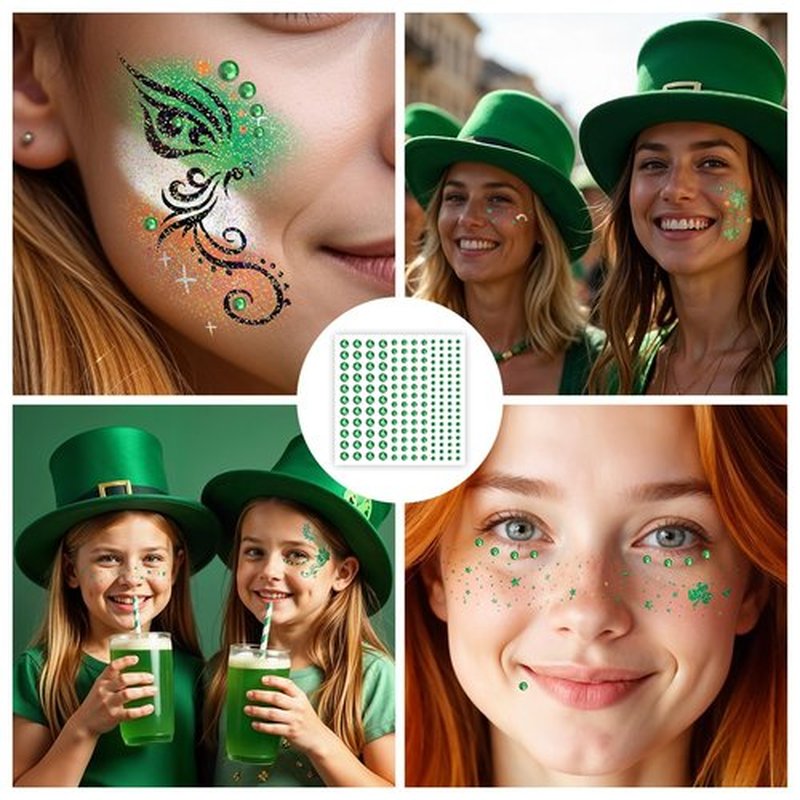 EMOME St Patrick Day Accessories, St Patrick's Day Glitter Shamrock Face Tattoo with Green Face Gems and Faux Freckles, Saint Patrick's Day Makeup Art Decorations Gift for Women