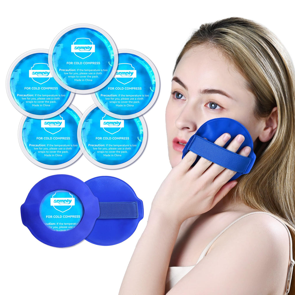 samply Small Gel Ice Packs for Boo Boos, Cold Packs for Injuries Reusable Pain Relief, Headaches and Toothaches,Eyes, Face, 5 Pack Mini Round Ice Packs with 2 Covers for Cold Compress