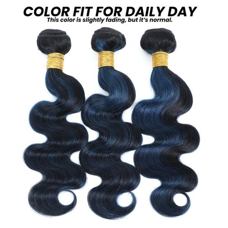 ALHER Black Mix Blue Highlight Bundle Human Hair Body Wave, 12A Soft Thick 3 Bundles Wavy Human Hair, 100% Remy Hair Midnight Blue Highlight Two Tone Subtle Colored Double Weft (#1B/Blue, 14 16 18 IN)