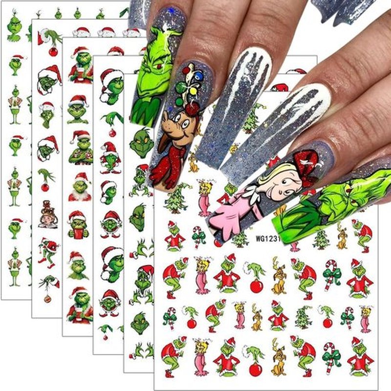 6 Sheets Christmas Nail Art Stickers Green Monster Nail Decals Cute Cartoon New Year Nail Art Designs Sticker Xmas Winter Nail Stickers Holiday Nail Supplies for Women DIY Manicure Decoration