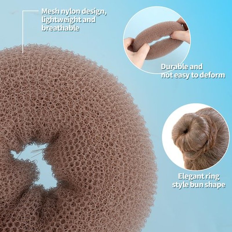 FANDAMEI Hair Donut Bun Maker Kit - 4 Hair Bun Maker, 20 Invisible Hair Nets for Buns, 5 Elastics, 20 Bobby Pins, Bun Nets for Ballet girls,Hair Donuts for Buns - Tan Brown