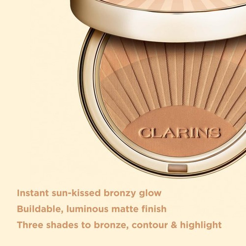 Clarins Bronzing Powder | Buildable, Luminous Matte Finish | 3-in-1 Bronzer, Contour, and Highlighter | Natural, Sun-Kissed Glow | 0.4 Ounces