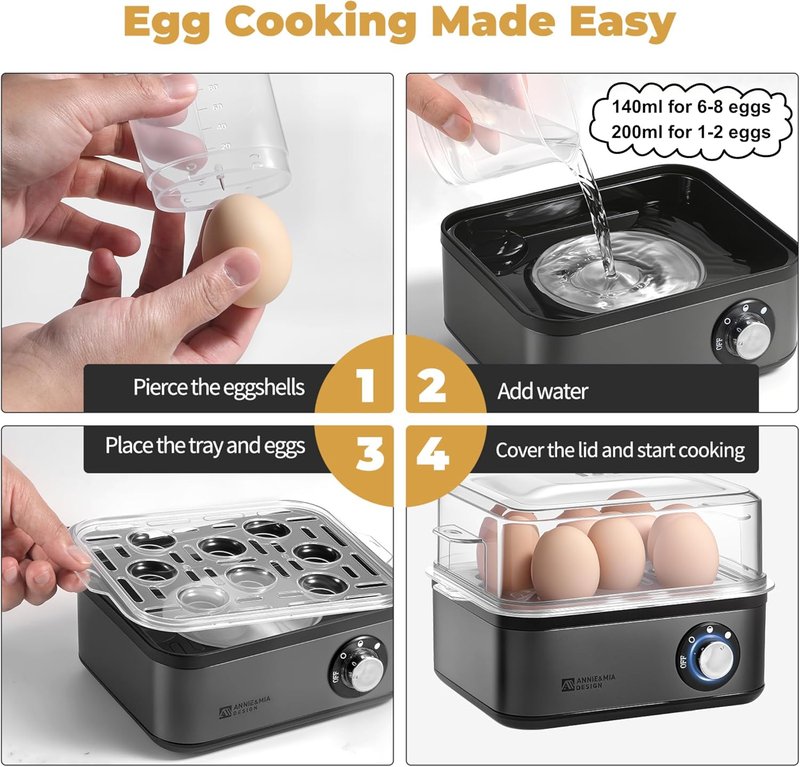 Annie & Mia Design Stainless Steel Electric Egg Cooker - 8 Egg Capacity, 500W, Auto Shut-Off & Recipe Guide (Black)