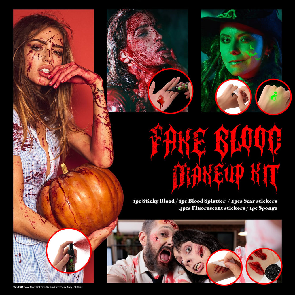 Vaneria Halloween Fake Blood Makeup Kit,Realistic Washable SFX Makeup with 50ml Blood Splatter, 50ml Sticky Blood, Sponge,4 Fake Scars & 4 Fluorescent Tattoo Stickers for Zombie, Vampire Cosplay