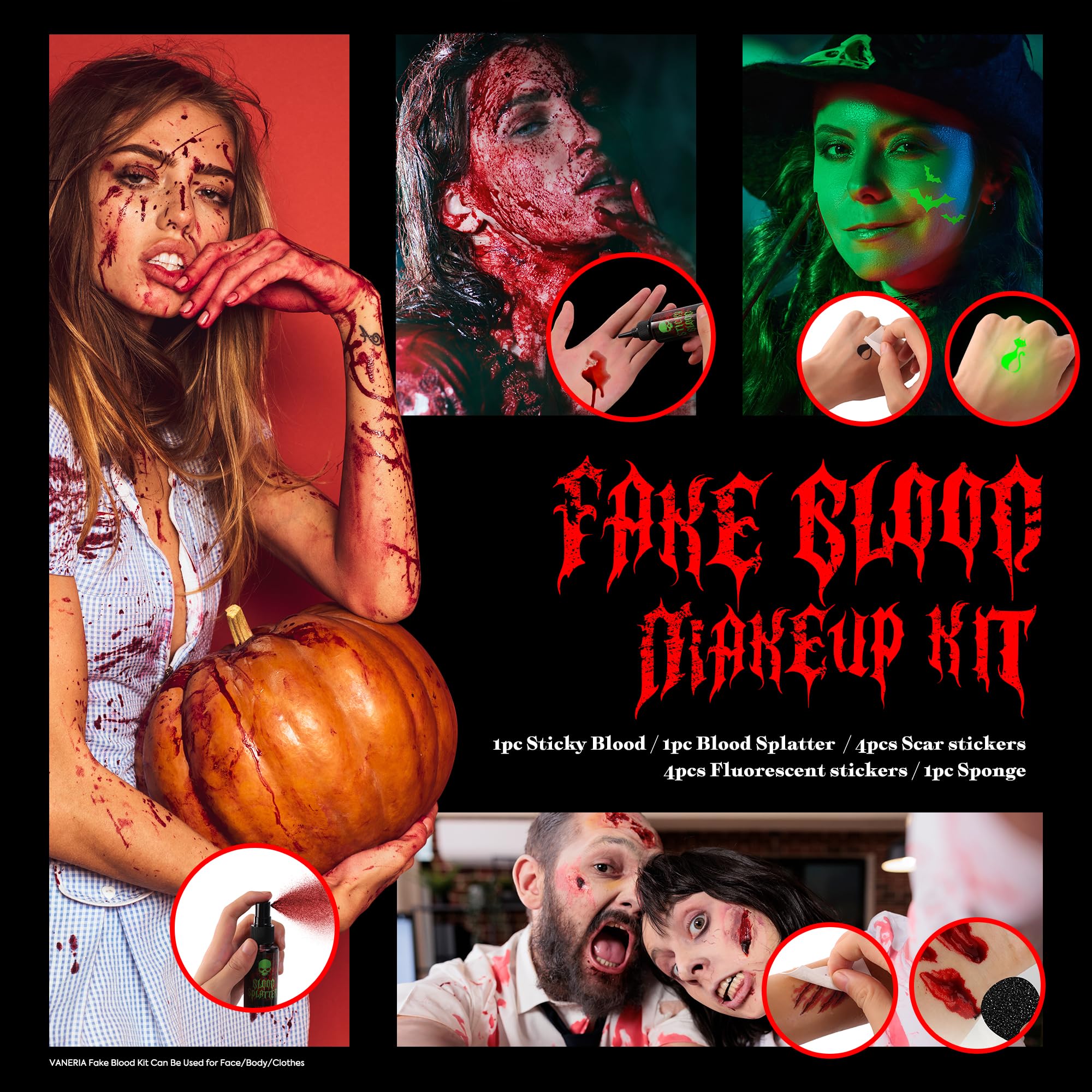 Vaneria Halloween Fake Blood Makeup Kit,Realistic Washable SFX Makeup with 50ml Blood Splatter, 50ml Sticky Blood, Sponge,4 Fake Scars & 4 Fluorescent Tattoo Stickers for Zombie, Vampire Cosplay