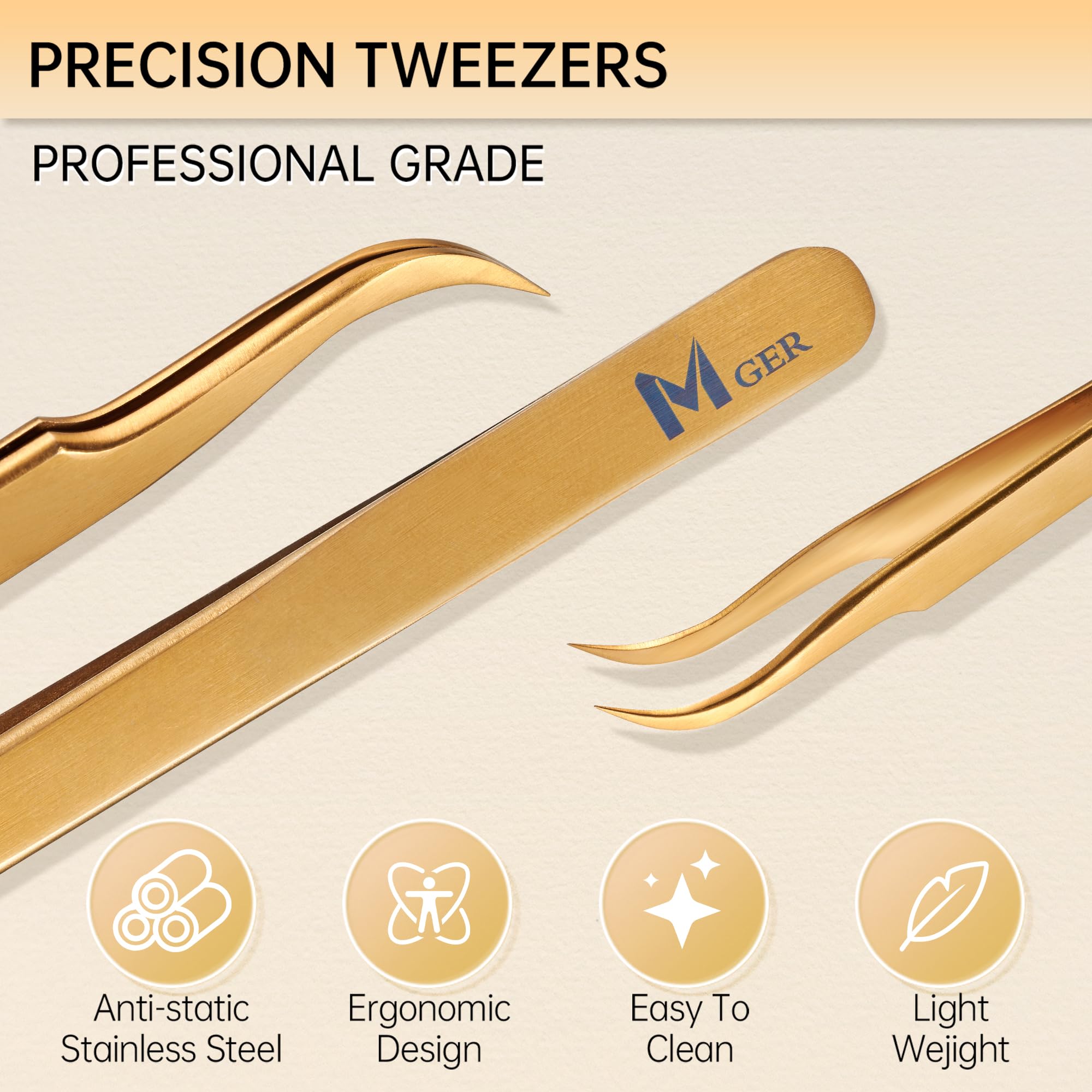 MGER Lash Tweezers for Eyelash Extension-Professional Lashing Tweezers for Mega Volume Mink Eyelashes Extensions Applying, Gold tweezers