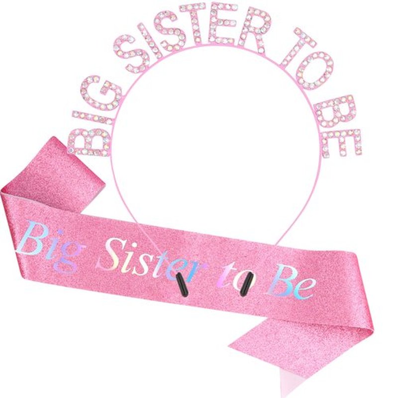Chanaco Big Sister Gifts for Girls Pink Metal Rhinestone Crown Headband Glitter Satin Sash Big Sister to Be Accessory Set Announcement Party Decorations Cute Sibling Hairband Gift (Pink)
