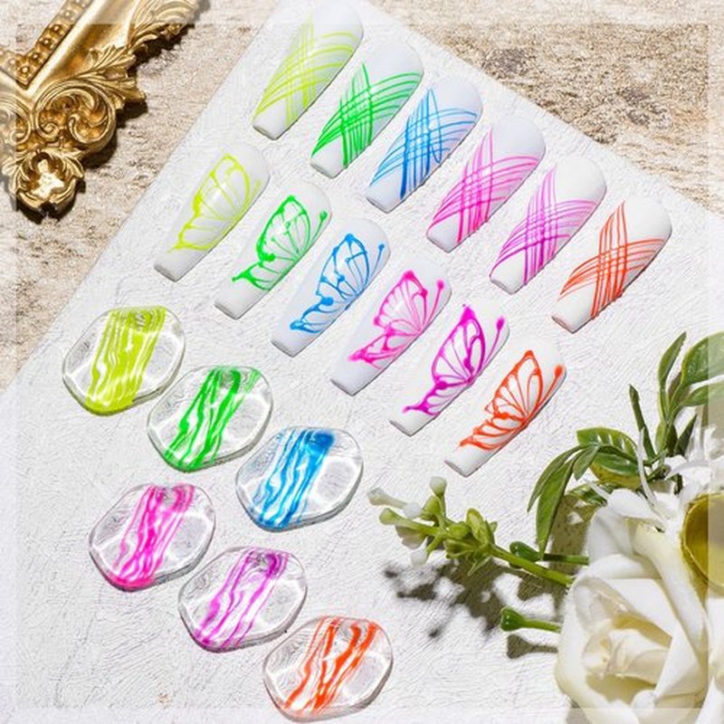 MEET ACROSS 6 Colors Luminous Spider Gel, Glow In The Dark Nail Art Drawing Gel for Line, Painting Elastic Drawing Spider for Nail Art, Soak off UV LED, DIY Manicure with Brushes