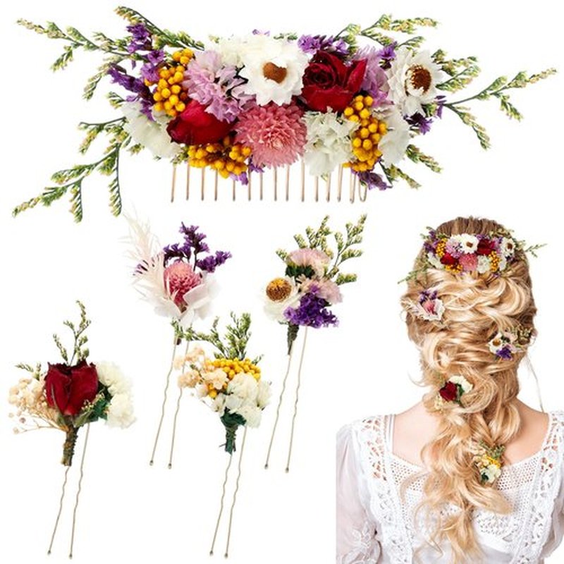 Suncalla 5 Pcs Purple Dried Flower Hair Pins and Comb for Wedding with Baby Breath Roses Hydrangeas for Women Girls Bride Bridesmaid Bachelorette Party Bridal Shower(Fresh)