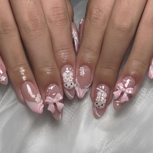 BABALAL Acrylic Press on Nails Medium Almond Fake Nails Pink French Tip Glue ons Bow Charm Design Cute Rabbit Nails Supplies 24Pcs Full Cover False Nails
