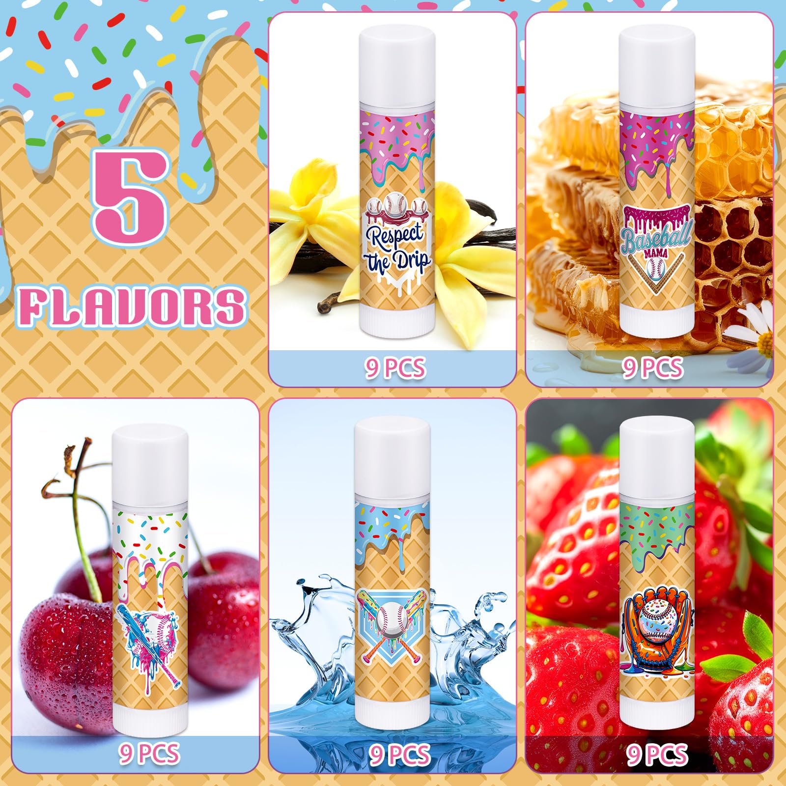 Loopeer 45 Pcs Ice Cream Baseball Drip Party Favor Gifts Bulk Baseball Drip Lip Balms Goodie Bags Favors Sports Team Gifts Birthday Party Decoration Inspirational Accessories for Teen Adult(Classic)