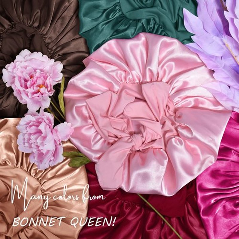 BONNET QUEEN Silk Bonnet for Sleeping Women Satin Bonnet Anti-Frizzy Night Sleep Cap Hair Wrap for Curly Hair with Adjustable Tie Band,Black