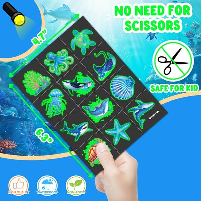 96 PCS Ocean Sea Animal Shark Whale Fish Pre-Cut Luminous Glow in the dark Temporary Tattoos for Kids | Super Cute Themed Birthday Party Favors Supplies Decorations, Fake Tattoos Gifts for Boys Girls