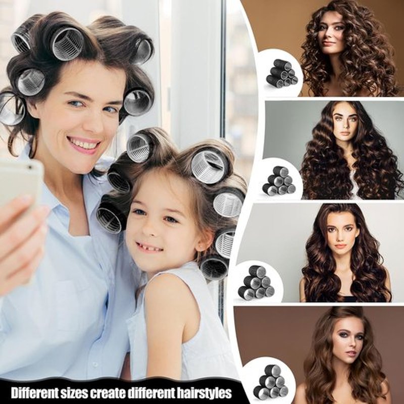 Skiennix Self-Grip Hair Rollers Set - 50 Jumbo Curlers for All Hair Types | Includes Clips, Black