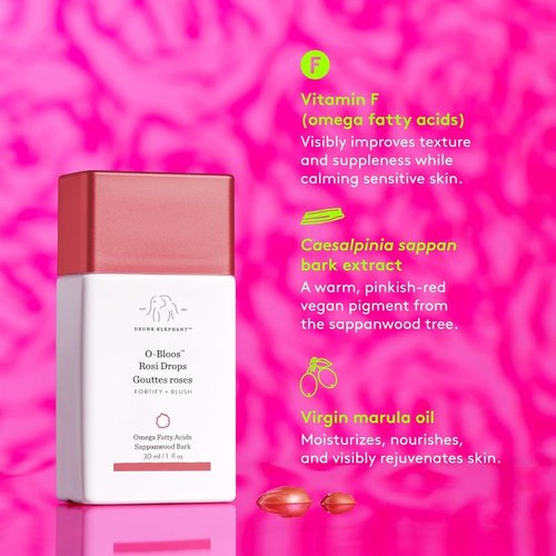 Drunk Elephant O-Bloos Rosi Drops - Peachy-Pink Serum for Radiant Skin - 30 ml/1 fl oz - Clean & Cruelty-Free