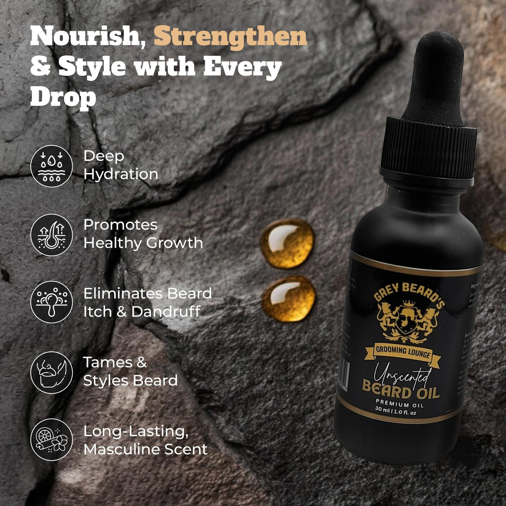 Grey Beard's Grooming Lounge - Unscented Beard Oil for Men 1 fl oz - Natural Leave In Conditioner with Jojoba, Argan and Grapeseed Oils