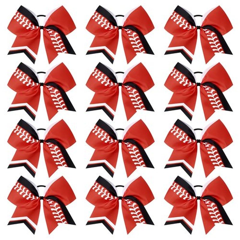 DEEKA 12 PCS Softball Cheer Bows 8" Thread Large Cheerleader Hair Bows Ponytail Holder Handmade for Teen Girls Sports -Red/Black/White