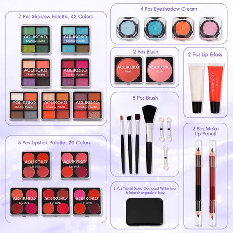 AOLIKOKO Makeup Kit for Teenager & Women Full Kit, All- In- One Makeup Set With The Cosmetic Train Case, Professional Makeup Kit, Makeup Gift Set for Women Girls(silver)