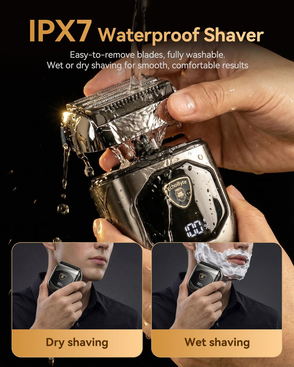 EchoByte Full Metal Electric Foil Shaver for Men: 4 Floating Blades, IPX7 Waterproof Wet & Dry Mini Razor, 120-Min Runtime USB-C Rechargeable, Quiet Travel Groomer with LED Display & Travel Lock