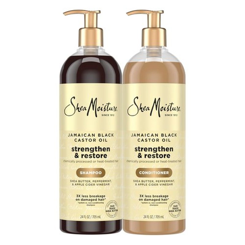 SheaMoisture Strengthen & Restore Shampoo and Conditioner Bundle Jamaican Black Castor Oil 2 Pack to Cleanse & Nourish Dry, Damaged Hair, 24 oz