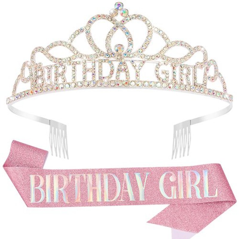 Chanaco Birthday Sash and Crown for Women, Birthday Tiara for Girls, Rhinestone Hair Accessories Party Decorations