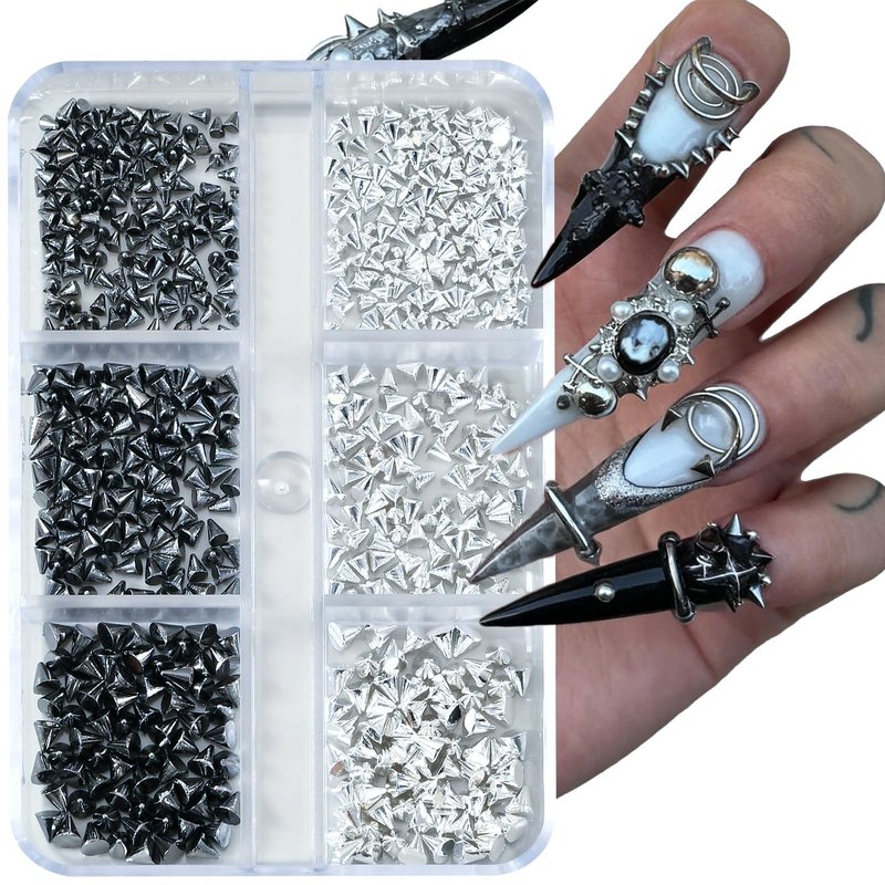 UWETIME 3 Boxes Goth Nail Charms Metal Charms for Nails Studs Black Silver Punk Accessories