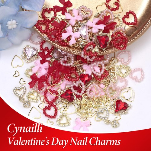 3D Gold Heart Nail Charms and Gems, Gold Bow Alloy Nail Charms Dangle, Red Heart Rhinestones Nails Bow Charms, Shiny Luxury Y2K Nail Jewelry Pearls for Nail Art Supplies