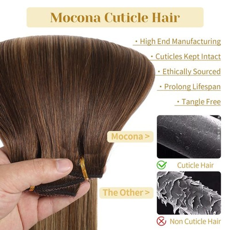 Mocona Clip in Hair Extensions Real Human Hair, 12 Inch 7pcs 70g/Pack - Ombre Chocolate Brown to Caramel Blonde, Soft Hair Extensions Real Human Hair Clip ins Straight for Women (12 Inch)