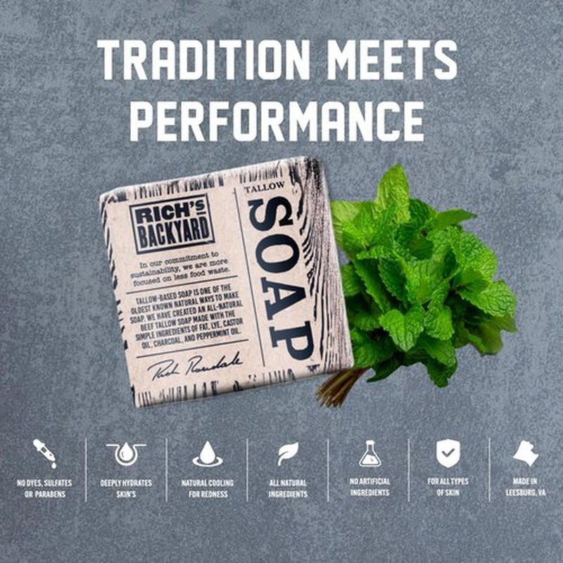RICH'S BACKYARD All-Natural Handcrafted Beef Tallow Soap – Moisturizing & Deep Cleansing | Charcoal & Peppermint Oil | No Artificial Ingredients | Sustainably Sourced | 7 oz Bar