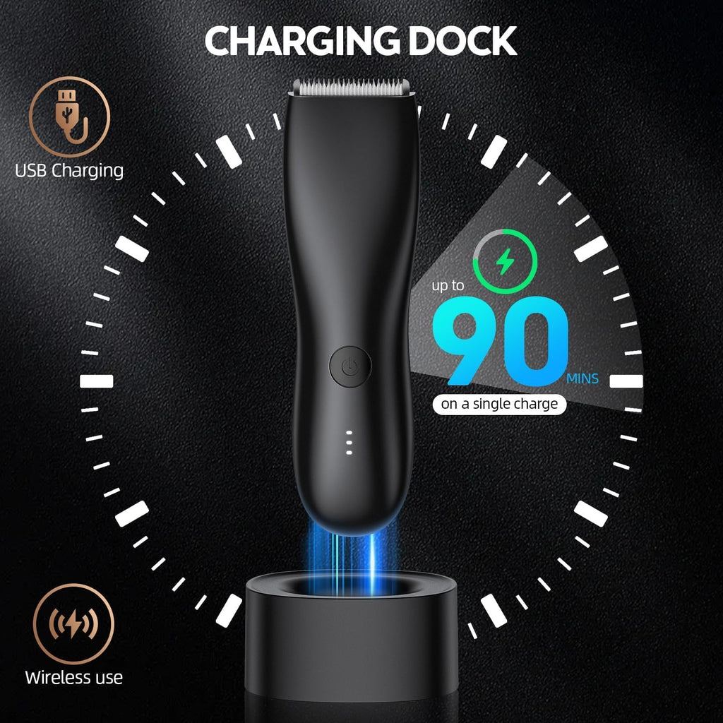 FlyCoco Body Hair Trimmer for Men and Women, Electric Groin and Body Hair Shaver - No Nick, No Cut, No Razor, No Burn Pubice Electric Shaver, Waterproof Full Body Groomer with Standing Recharge Dock