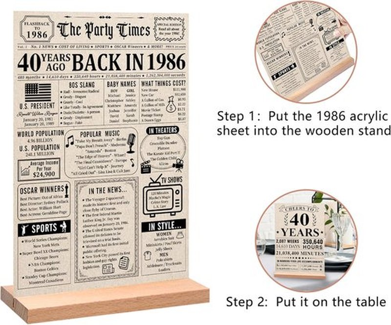 Trgowaul 40th Birthday Decorations - Vintage 1986 Acrylic Table Sign with Stand | Perfect Gift for Men