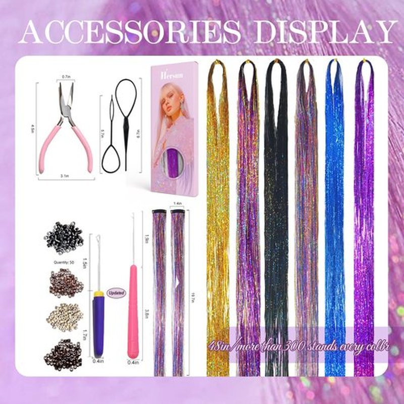 Hersun Hair Tinsel 10 Colors 3200 Strands 48in with Tools Fairy Tinsel Hair Extensions Kit Heat Heat Resistant Fairy Hair For Party For Girls & Women