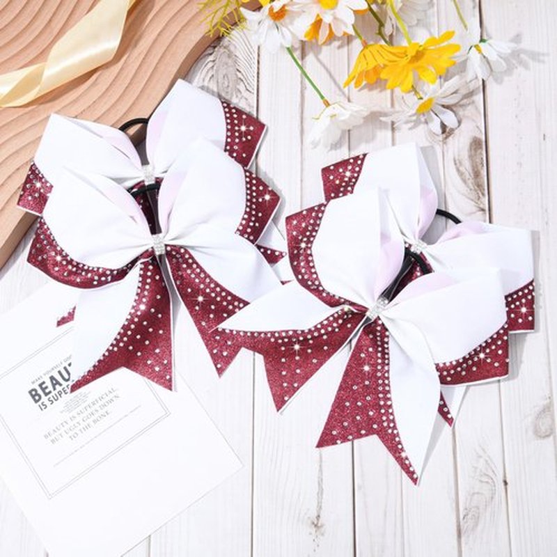 6PCS Glitter Cheer Bow Large Cheer Bows Rhinestones Hair Bows Girls 8"Cheerleading Bows Bulk Elastic Band Ponytail Holder for Teen Girls College Sports Competition White Maroon