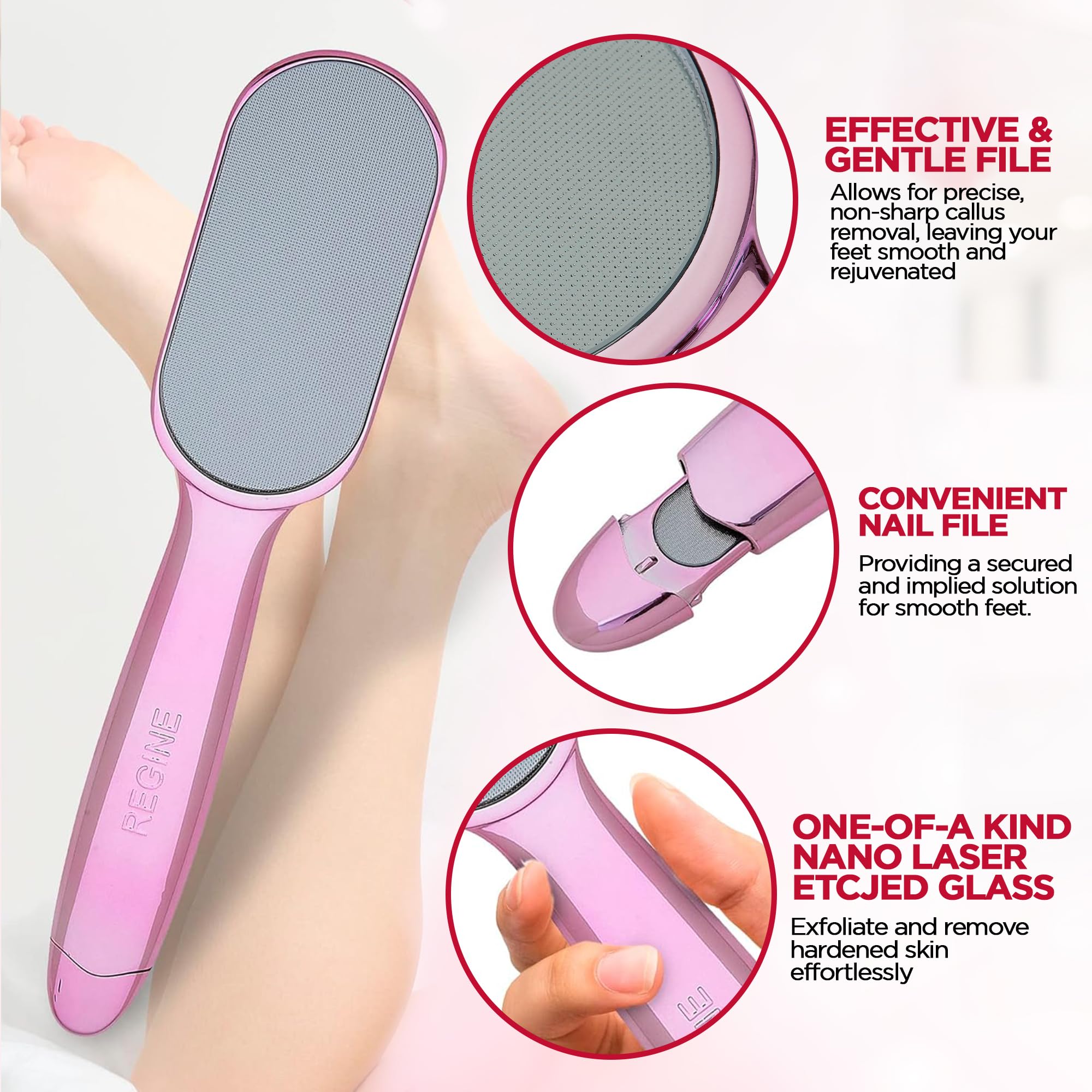 Glass Pedicure File & Callus Remover - Nano Laser Etched Foot Scraper, Pink