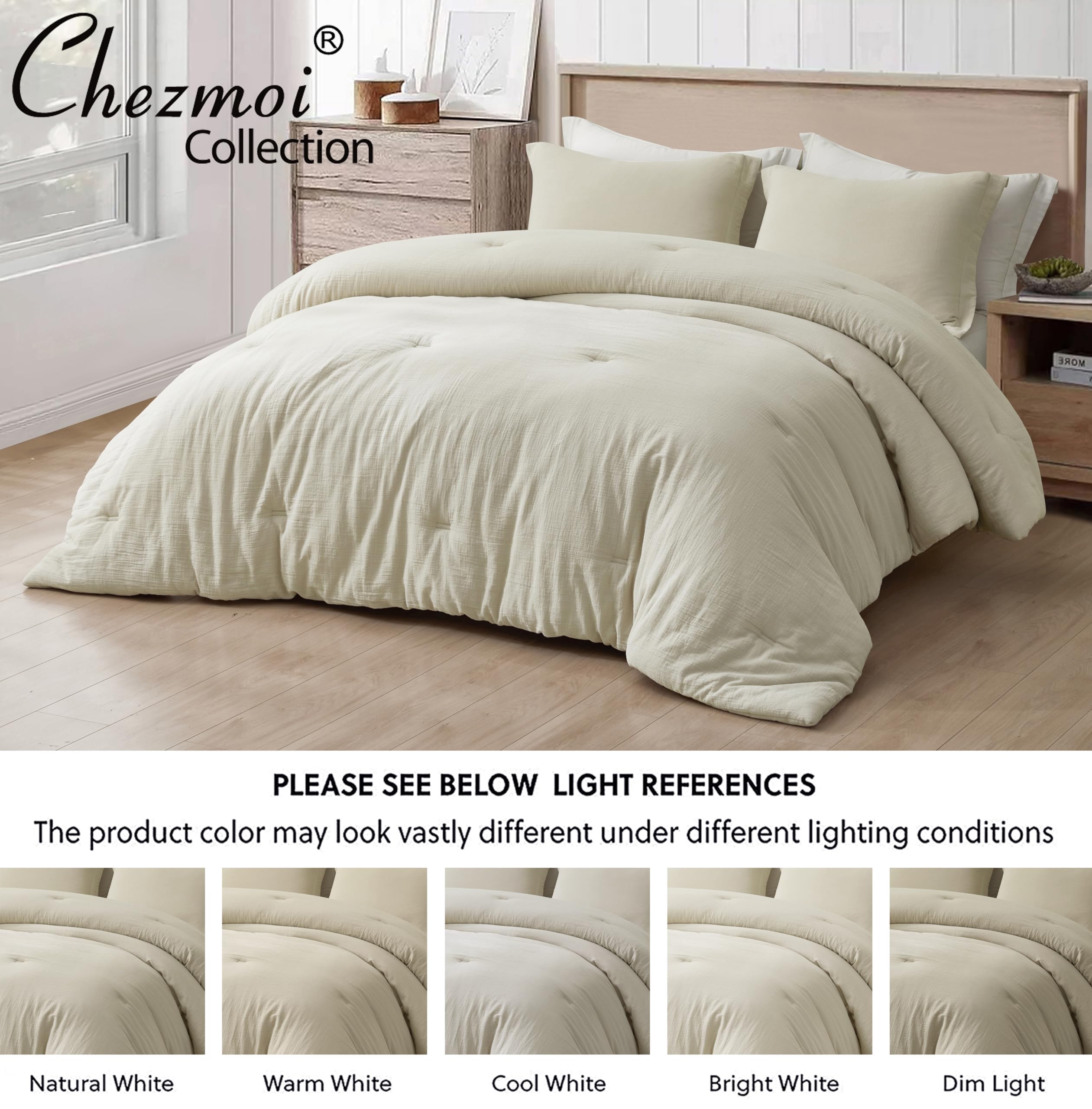 Chezmoi Collection Breeze 3-Piece 100% Cotton Muslin Oversized King Comforter Set, Natural Color Soft Washed Cotton Gauze Comforter, Lightweight Breathable Reversible 240GSM Fill Summer Bedding
