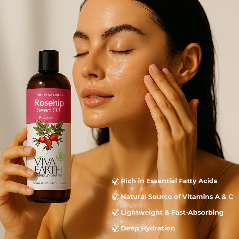 Viva Earth Rosehip Oil – 100% Pure & Natural Cold Pressed Rosehip Oil for Face | Lightweight, Fast-Absorbing | Face & Skin, Hair & Scalp, Gua Sha Massage, for All Skin Types, 8 Fl Oz
