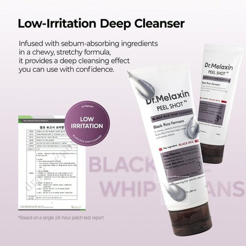 Dr.Melaxin Peel Shot Black Rice Mochi Whip Cleanser 100ml formulated for blackheads, clogged pores, excess sebum, and dull skin