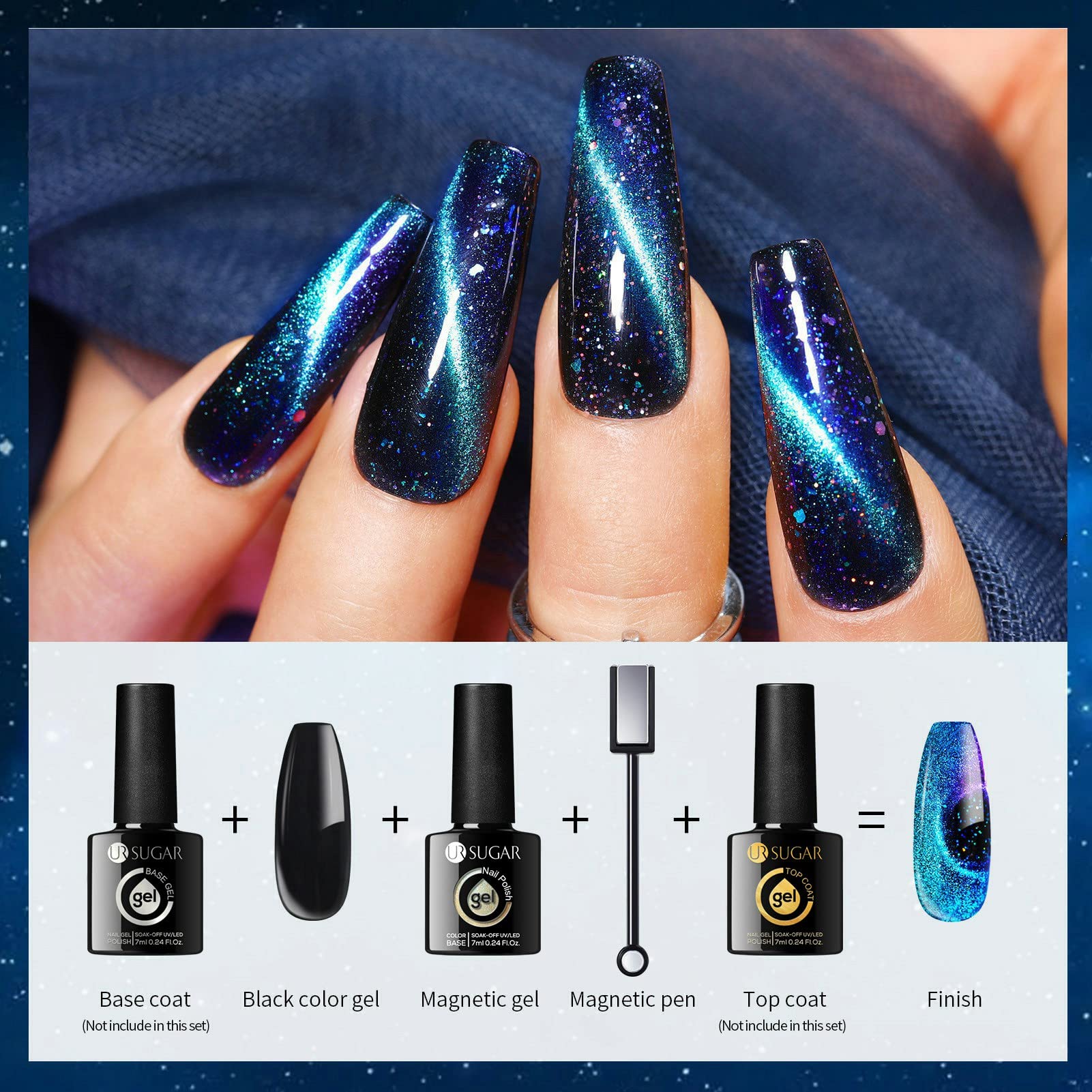 UR SUGAR Glitter Gel Nail Polish Set, 6 Colors Glitter 9D Cat Magnetic Eye Black Nail Polish Color Changing Gel Polish Kit Hot Pink Purple Gold Colors Soak Off Nails Kit Manicure Gift for Women