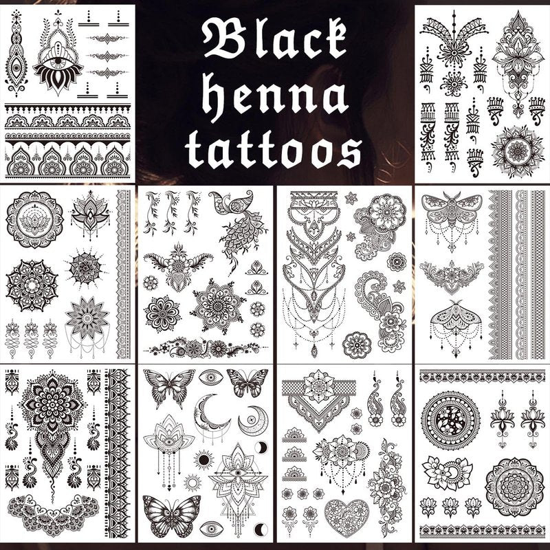 VIWIEU Fake Small Black Henna Temporary Tattoos 10 Pack for Adult Women, Realistic Flower Lace Finger Hand Arm Removable Body Art Stickers Summer Wedding Party Bridal Favors, Long Lasting Waterproof